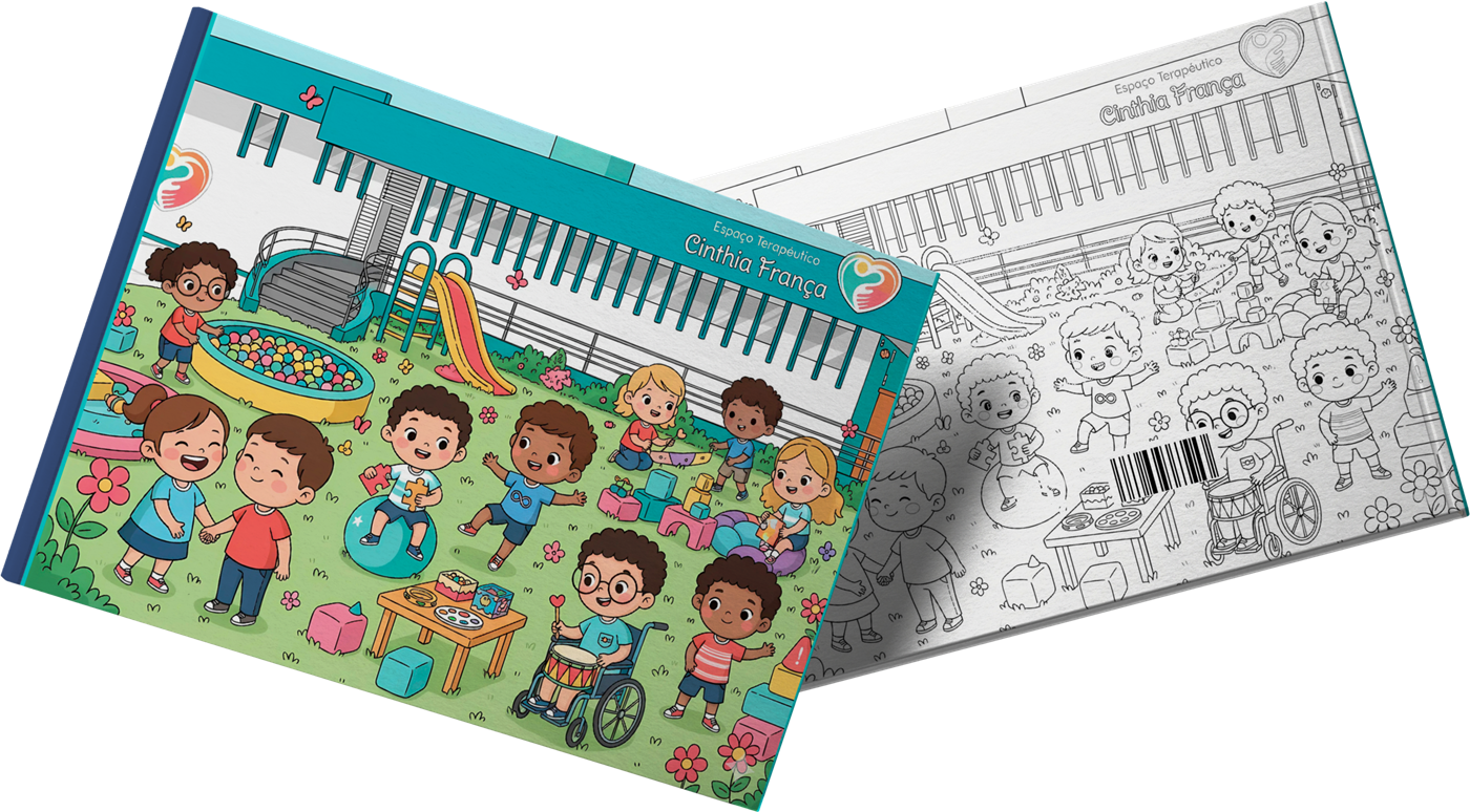 Livro de Colorir da Inclusão: capa colorida e verso com desenhos em preto e branco